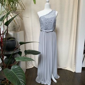 David’s Bridal gray lace, one-shoulder gown